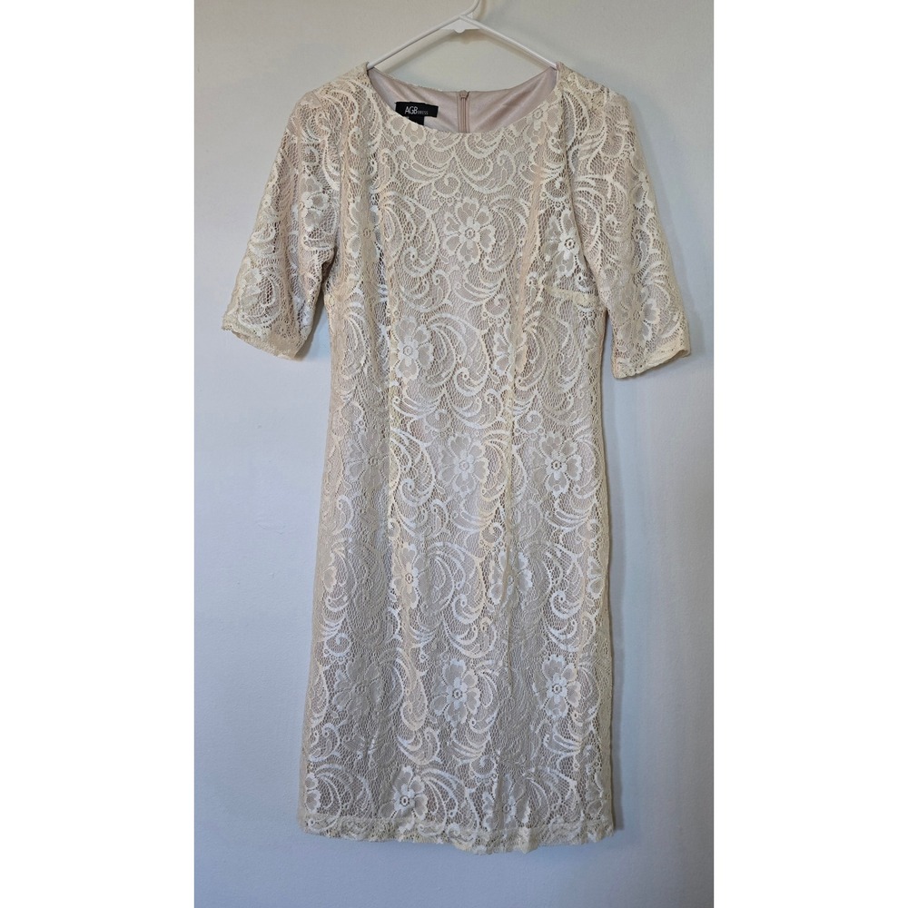 AGB Dress Lace Formal Ivory Cream Womens 6 Short Sleeve Knee Length
